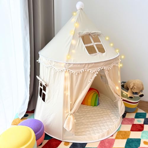 ALRITHO® Spielzelt für Kinder (warmbeige), aus Baumwolle & Seide | 1 Eingang & 3 Fenster (TripleAir-Effect) | inkl. Tasche & Bodenmatte | stabiles Spielhaus Indoor | Tipi Zelt für Jungen & Mädchen von ALRITHO