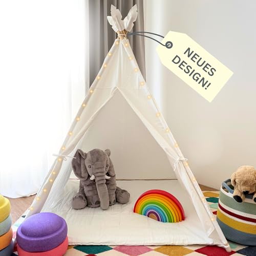 ALRITHO® Tipi Zelt für Kinder aus 100% Baumwolle inkl. Kuschelmatte, Tragetasche & Stabilisator | Spielzelt [weiß] | Spielhaus für drinnen & draußen | Teepee Kinderzelt für Jungen & Mädchen von ALRITHO