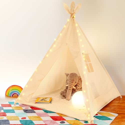 ALRITHO® Tipi Zelt für Kinder aus Baumwolle & Holz inkl. Kuschelmatte, Tragetasche & Stabilisator | drinnen & draußen | Für viel Spaß im Kinderzimmer für Jungen & Mädchen (Sandburgen Beige) von ALRITHO