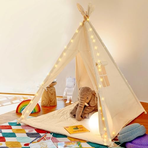ALRITHO® Tipi Zelt für Kinder aus Baumwolle & Holz inkl. Kuschelmatte, Tragetasche & Stabilisator | drinnen & draußen | Spielzelt für Jungen & Mädchen (Sandburgen Beige - Zwei Eingänge) von ALRITHO