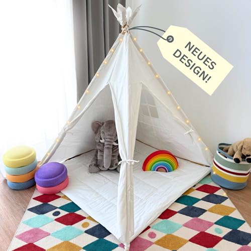 ALRITHO® Tipi Zelt für Kinder mit 2 Eingängen, ideal für kleinere Räume. Spielhaus aus 100% Baumwolle inkl. Kuschelmatte, Tragetasche & Stabilisator [weiß] | Teepee Spielzelt für Jungen & Mädchen von ALRITHO