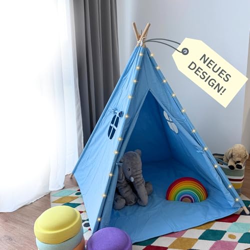 ALRITHO® Tipi Zelt für Kinder aus 100% Baumwolle inkl. Kuschelmatte, Tragetasche & Stabilisator | Spielzelt [hellblau] | Spielhaus für drinnen & draußen | Teepee Kinderzelt für Jungen & Mädchen von ALRITHO