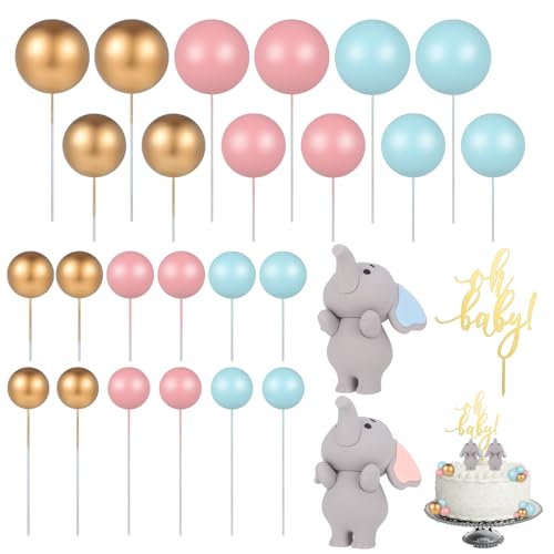 ALTcompluser 27 Stück Elefant Tortendeko Kugeln Tortendeko Schaumkugeln mit Oh Baby Cake Topper Elefant Kuchen Topper DIY Kuchen Deko für Jungen Mädchen Babyparty Geburtstag von ALTcompluser