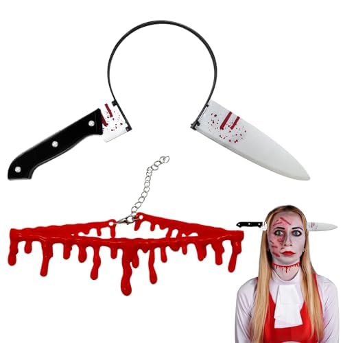 ALUNME Halloween-Kostüm-Set für Krankenschwestern, Schürze, Strumpf, Handschuhe, Spritze, Stirnband, Tattoo-Aufkleber, blutige Krankenschwesteruniform-Set (Messer-Haarnadel mit roter Halskette) von ALUNME