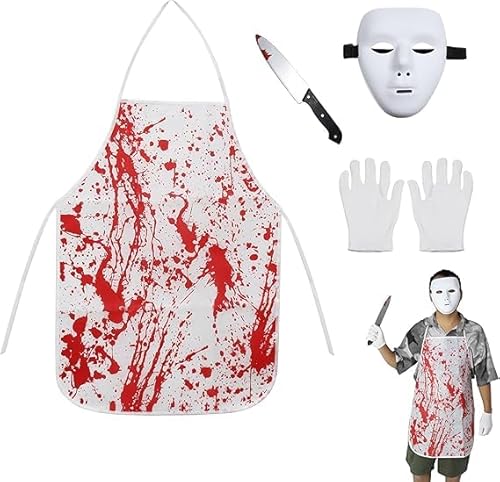 ALUNME Halloween Kostüme DIY Weiß Gruselige weiße Maske mit gefälschtem blutigem Messer und blutigen Metzger-Kostümen Gruselset Halloween Party Dekorationen von ALUNME
