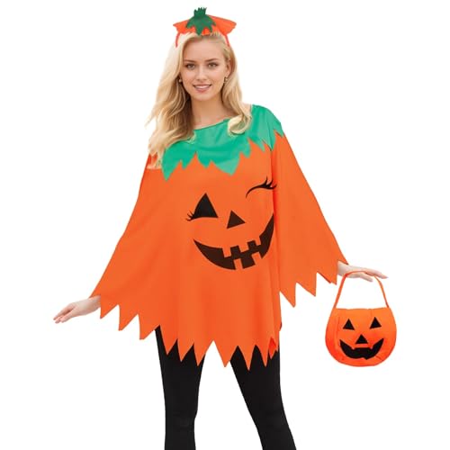 ALUNME Halloween-Kostüme für Damen, Kürbis, Geist, Skelett, Halloween-Poncho für Damen, mit Stirnband (orangefarbene Kleidung) von ALUNME