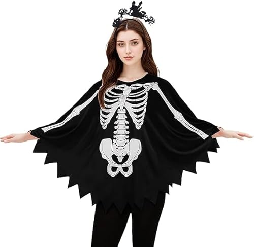 ALUNME Halloween-Kostüme für Damen, Kürbis, Geist, Skelett, Halloween-Poncho für Damen, mit Stirnband (schwarze Kleidung) von ALUNME