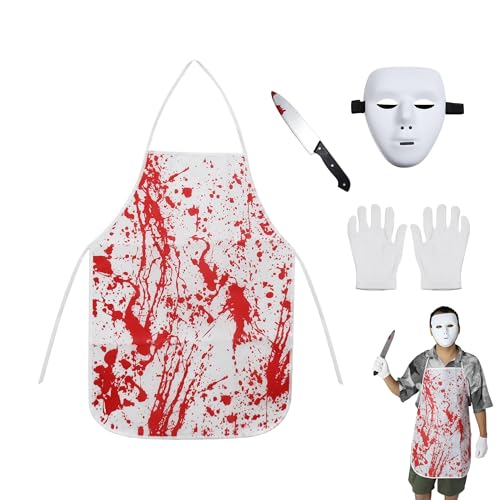 ALUNME Halloween-Kostüme zum Selbermachen, weiß, gruselige Halloween-Maske mit gefälschtem blutigem Messer und blutigem Metzger-Kostüm, gruseliges Set, Halloween-Party-Dekorationen von ALUNME