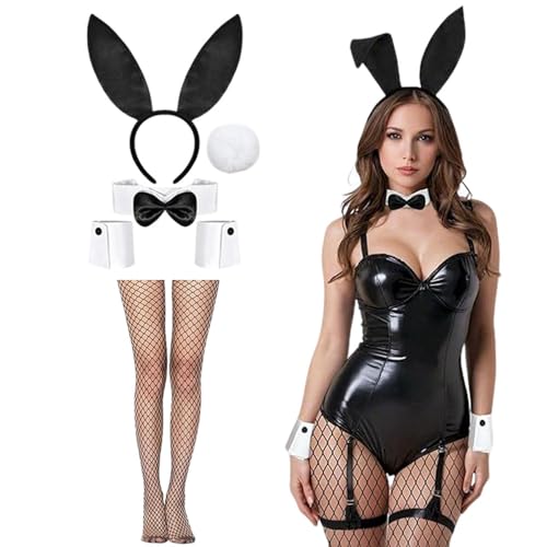 ALUNME Hasenkostüm-Set, schwarze Hasenohren, Stirnband, Fliege, Manschetten, Kaninchenschwanz, Netzstrumpfhose, Strümpfe für Halloween, Kostüm, Cosplay, Party (schwarze Hasenohren mit Seidenstrümpfen) von ALUNME