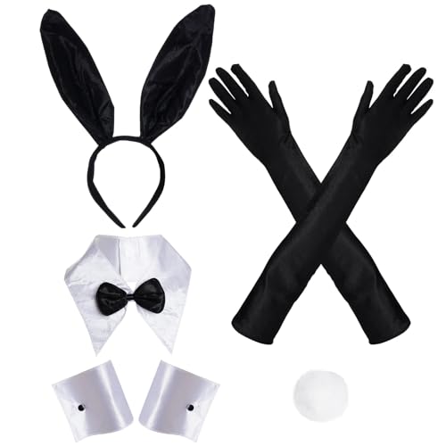ALUNME Hasenkostüm-Set, schwarze Hasenohren, Stirnband, Fliege, Manschetten, Kaninchenschwanz, Netzstrumpfhose, Strümpfe für Halloween, Kostüm, Cosplay, Party (schwarze Hasenohren mit Handschuh) von ALUNME