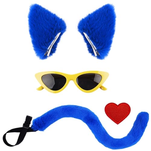 Blaue Katzenohren Stirnband Katzenschwanz Set Gelbe Brille Herz Aufkleber Erwachsene Weihnachten Halloween Kostüm Party Zubehör von ALUNME
