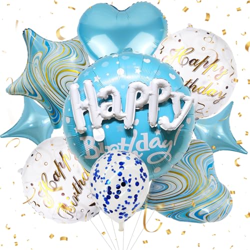 Gold Happy Birthday Ballon Set - 23 Zoll Groß 9 Stück Happy Birthday Mylar Ballons Golden Star Folienballon Party Dekorationen (Blau) von ALUNME