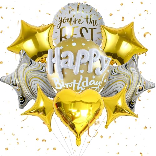 Gold Happy Birthday Ballon Set - 23 Zoll Groß 9 Stück Happy Birthday Mylar Ballons Golden Star Folienballon Party Dekorationen (Gold) von ALUNME