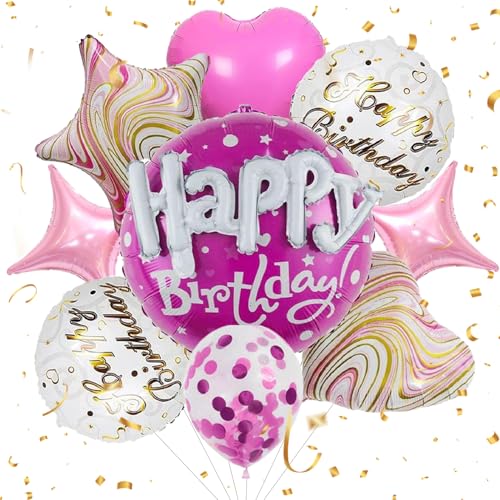 Gold Happy Birthday Ballon Set - 23 Zoll Groß 9 Stück Happy Birthday Mylar Ballons Golden Star Folienballon Party Dekorationen (Rosa) von ALUNME