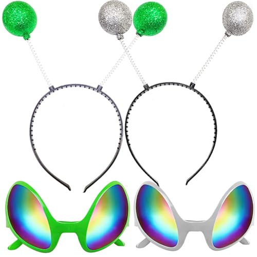 Silber Alien Stirnband und Brille - Martian Antenne Stirnband - Glitzer Kugelkopf Boppers - Weltraum Thema Kostüm - Alien Kostüm Zubehör (2) von ALUNME