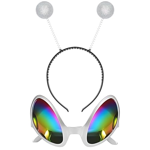 Silber Alien Stirnband und Brille - Martian Antenne Stirnband - Glitzer Kugelkopf Boppers - Weltraum Thema Kostüm - Alien Kostüm Zubehör (3) von ALUNME