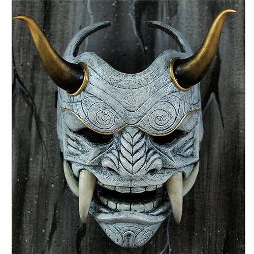 ALXOY Japanische Prajna Maske Samurai Maske Böse Kabuki Hannya Maske Oni Samurai Prajna Maske Cosplay Halloween Maske (Grey) von ALXOY