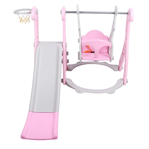 Kleinkind Klettergerüst mit Schaukel Basketballkorb und Rutsche Spielset für Indoor und Outdoor Kinder Spielplatz Polyethylene 155 x 135 x 105cm (Rosig) von AMAKO