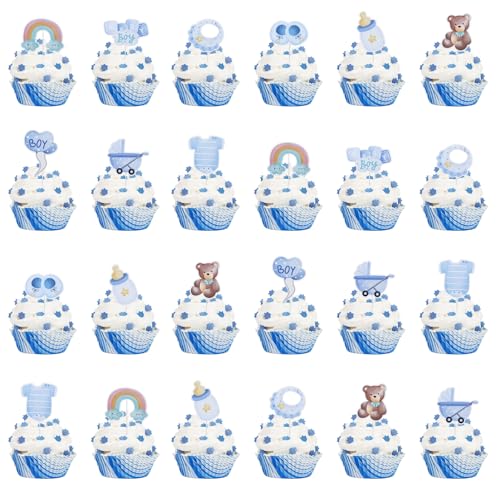 27 Stück Babyparty Tortendeko Taufe Junge,Baby Cupcake Topper, Boy Deko Kuchen,Baby Shower Tortendeko Gender Reveal Party, Muffin Deko Blau für Taufe, Shower,Babyparty von AMANDELIZABE