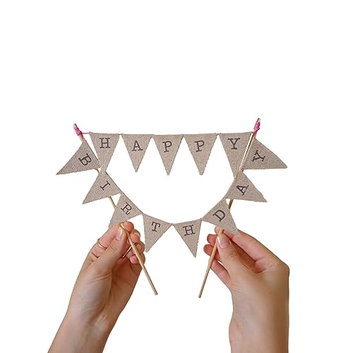 Amazing Buntings, Happy Birthday Cake Topper, Handmade Linen Flags Wimpelkette, rosa Faden, vormontiert auf 2 Stangen in Lebensmittelqualität Amazing Buntings, Happy Birthday Cake Topper, Handmade Linen Flags Wimpelkette, rosa Faden, vormontiert auf 2 Stangen in Lebensmittelqualität von amazing buntings