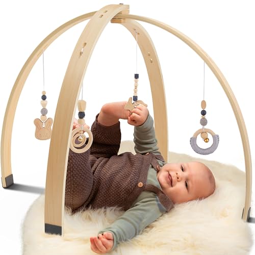 AMAZINGs Spielbogen Baby aus Holz | Nachhaltiger Spielebogen mit Tasche und Baby Spielzeug, Montessori Konzept | Spieltrapez, Activity Center von AMAZINGs