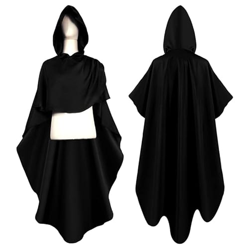 AMCOIN Dame Mittelalterlicher dunkler geheimnisvoller Zaubererumhang Ritter Robe Halloween-Kostüm Taille Wrap Kapuze Umhang Rollenspiel Uniform (schwarz, XL) von AMCOIN