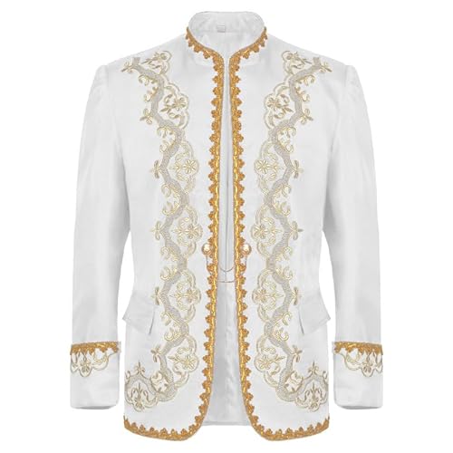 AMCOIN Herren Prinz Kostüm Blazer Steampunk Frack Mantel Männer Schwarzgold Bestickter Smoking Festlich Mittelalter Viktorianischen Retro Jacke (Gold-Kleid - Weiß,2XL) von AMCOIN