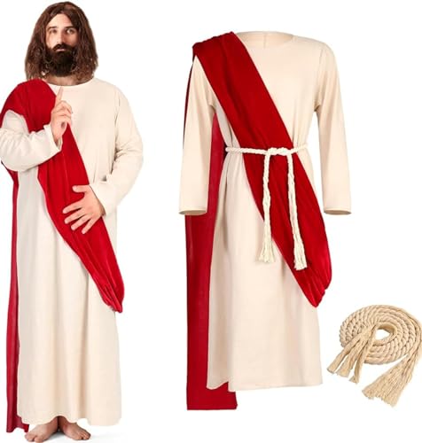 Halloween-Jesus-Kostüm Für Erwachsene Jesus-Robe Christus-Kostüm Inklusive Rotem Schal Taillenseil Für Halloween (A-1,L) von AMCOIN
