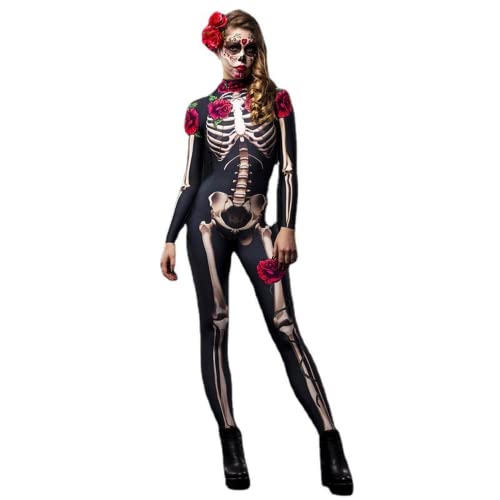 AMCYT Damen Halloween Horror Schädel Cosplay Kostüm Kinderkleidung Erwachsene Rose Blume Skelett Overall (Damen,M) von AMCYT