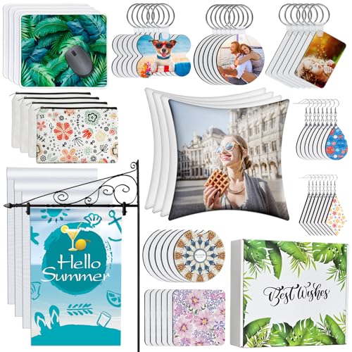 AMDAILY Sublimationsrohling-Set, inklusive DIY-Make-up-Tasche, Schlüsselanhänger, Ohrringe, Kissenbezug, Mauspad, Untersetzer, Gartenflagge, für Sublimationsübertragung, Ostern, Basteln, 114-teilig AMDAILY Sublimationsrohling-Set, inklusive DIY-Make-up-Tasche, Schlüsselanhänger, Ohrringe, Kissenbezug, Mauspad, Untersetzer, Gartenflagge, für Sublimationsübertragung, Ostern, Basteln, 114-teilig von AMDAILY