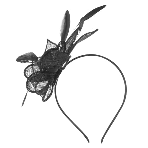 AMENGJ Federnetzstirnband Fascinator Braut Stirnband Hut Blume Mesh Band Feder Fedora Clip Cocktail Tee Party Headwewar Haar Zubehör(Black) von AMENGJ