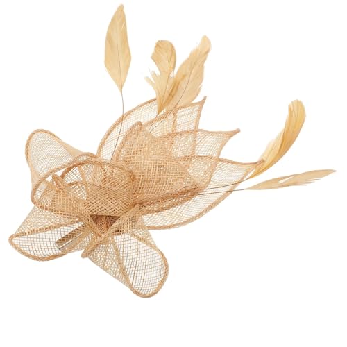 AMENGJ Federnetzstirnband Fascinator Braut Stirnband Hut Blume Mesh Band Feder Fedora Clip Cocktail Tee Party Headwewar Haar Zubehör(Golden) von AMENGJ