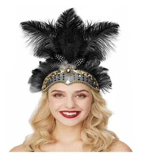AMENGJ Federnetzstirnband Federkopfschmuck Flapper Stirnband Kopfschmuck Zubehör(Black) von AMENGJ