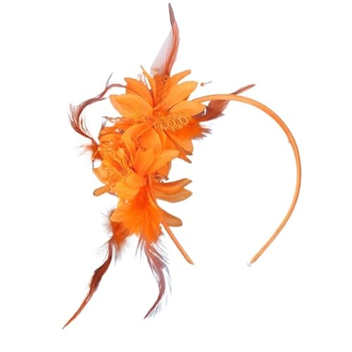 AMENGJ Federnetzstirnband Frauen Fascinator Hut Stirnband Blume Feder Mesh Garn Party Hochzeit Haar Zubehör(Orange) von AMENGJ
