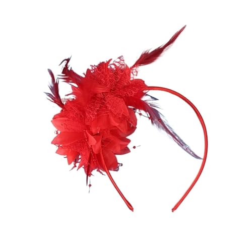 AMENGJ Federnetzstirnband Frauen Fascinator Hut Stirnband Blume Feder Mesh Garn Party Hochzeit Haar Zubehör(Red) von AMENGJ