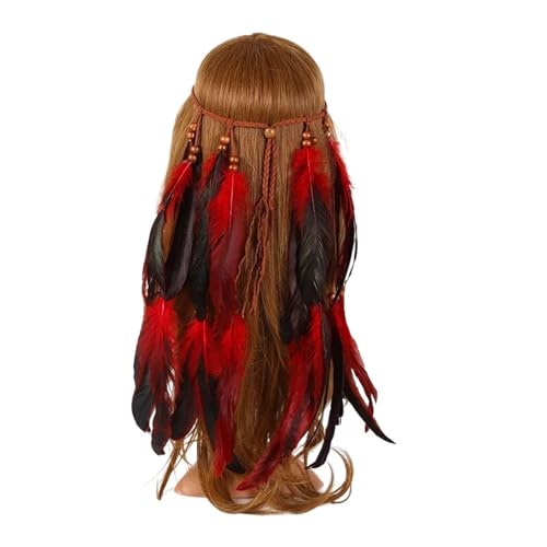 AMENGJ Federnetzstirnband Frauen Stirnband Vintage Hippie Feder Kopfschmuck Kopfschmuck Stirnbänder Haar Zubehör(Red) von AMENGJ