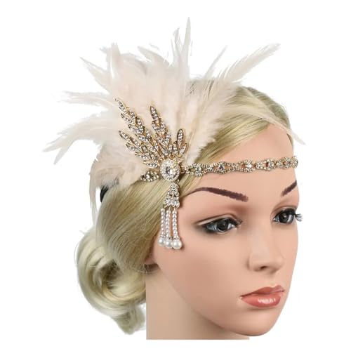 AMENGJ Federnetzstirnband Vintage Feder Stirnband Strass Perlen Pailletten Haar Band Party Frauen Kopfstück(Color 3) von AMENGJ
