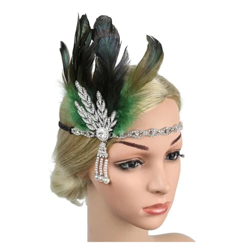 AMENGJ Federnetzstirnband Vintage Feder Stirnband Strass Perlen Pailletten Haar Band Party Frauen Kopfstück(Color 7) von AMENGJ