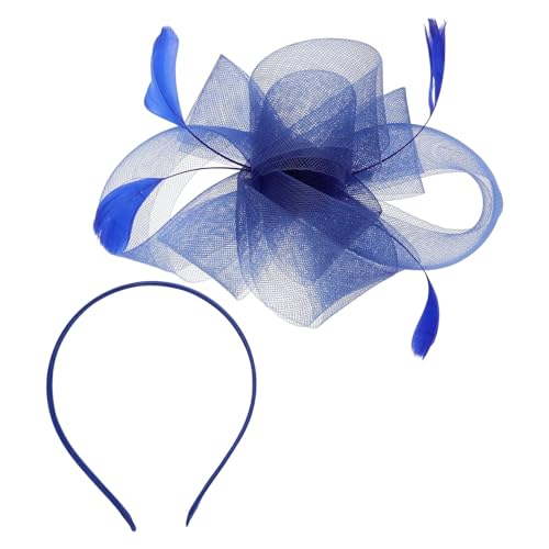 Federnetzstirnband 1 Set Vintage Fascinator Hut Damen Elegante Kopfbedeckung Teeparty Hochzeit Haarschmuck Net Tüll Plume Decor Band Schleife(Blue) von AMENGJ