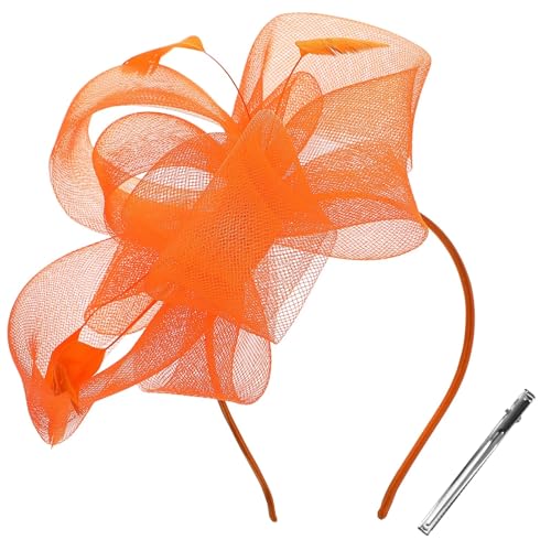 Federnetzstirnband 1 Set Vintage Fascinator Hut Damen Elegante Kopfbedeckung Teeparty Hochzeit Haarschmuck Net Tüll Plume Decor Band Schleife(Orange) von AMENGJ