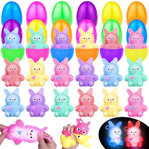 AMENON 12 Stück leuchtende TPR-Haseneier (6 Farben x 2) – 8,8 x 6,8 cm, leuchten im Dunkeln, sensorische Bälle für Kinder, perfekt für Osterkorbfüllungen und Partygeschenke von AMENON