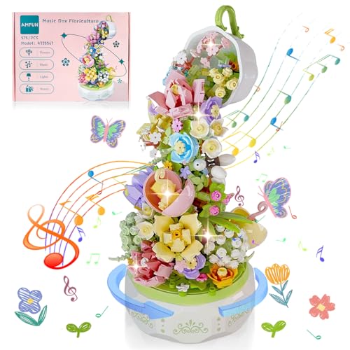AMFUN Blumen Spieluhr Bausatz mit LED Licht, Bauspielzeug Drehbox Musik, Baustein Geschenk für 6–12 Jahre Kinder Erwachsene (575PCS) von AMFUN