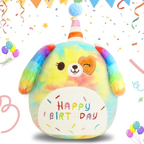 AMFUN Happy Birthday Plüschtier, Regenbogenhund Kuscheltier, Cartoon Plüschkissen, Plüschtier Geburtstagsgeschenk für Kinder Jungen Mädchen von AMFUN