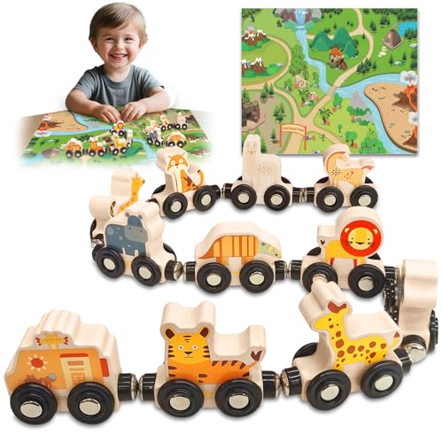 AMFUN Kinderspielzeug Magnetic Zug Holzspielzeug, Montessori Spielzeug mit Karte Motorikspielzeug, Geschenk Junge Mädchen 2-3-4 Jahre von AMFUN