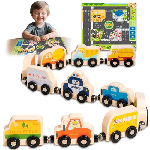 AMFUN Kinderspielzeug Magnetic Zug Holzspielzeug, Montessori Spielzeug mit Karte Motorikspielzeug, Geschenk Junge Mädchen 2-3-4 Jahre von AMFUN