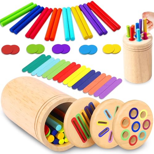 AMFUN Montessori Spielzeug ab 1 Jahr, 3-in-1 Farbe Sortierspiel, Holz Sortier & Stapelspielzeug für 1 2 3 Jahr von AMFUN