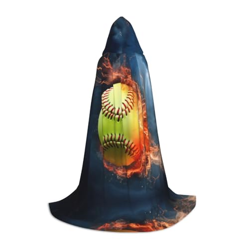 AMHMNZDXH Orange Softball Baseball On Fire And Water Print Hooded Cape For Teens For Halloween Cosplay Party Dance von AMHMNZDXH