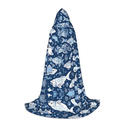AMHMNZDXH Süßer blauer Fisch-Druck Kapuzenumhang für Teenager für Halloween, Cosplay, Party, Tanz von AMHMNZDXH