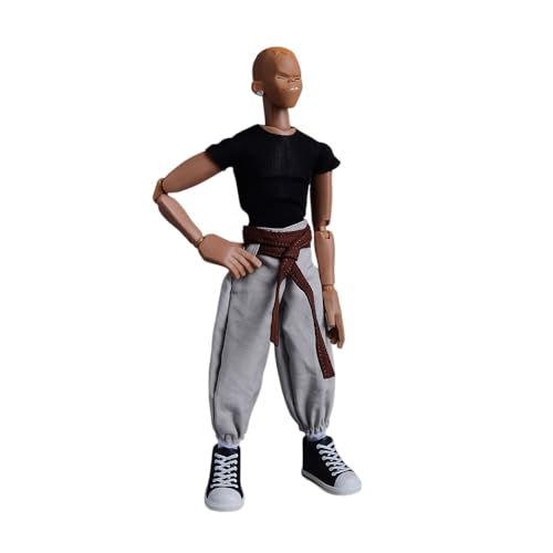 AMITD 1/12 Maßstab Male Clothes,Men's Tight Short Sleeves Pant Warrior Combat Suit Sport Clothing for 6inch Action Figure Körper (Black Tops+Brown Belt+White Pant) von AMITD