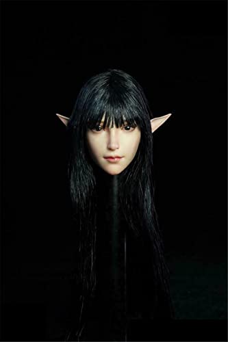 AMITD 1/6 Maßstab Beauty Elf Girl Pale Skin Planted Hair Kopfskulptur Carved for 12inch Action Figure Körper Collection (Long Black Hair) von AMITD